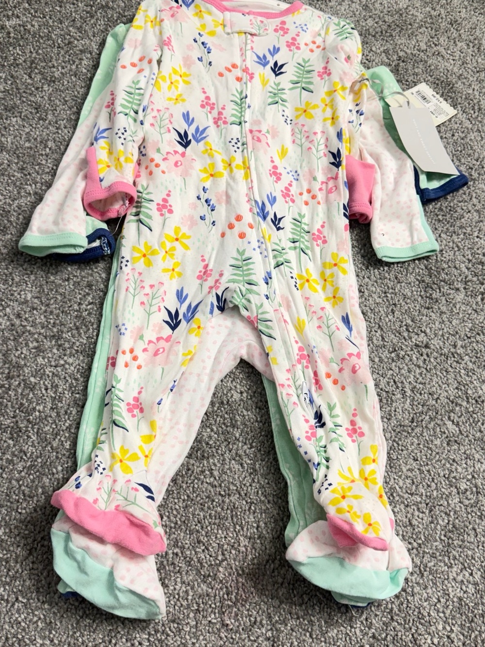 cloud island Floral Footed One-Piece in White, Pink, Yellow & Green